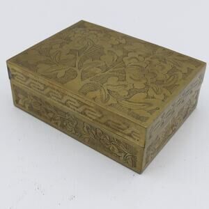 Vintage Engraved Solid Brass Floral Trinket Jewelry Keepsake Box Decorative Case